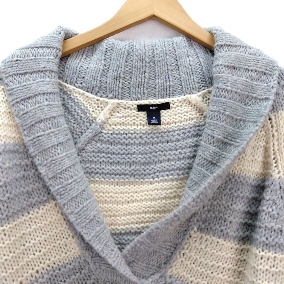 GAP Cable Knit Sweater Womens Size M Gray Cream Striped Wool Alpaca Shawl Collar - Picture 3 of 10